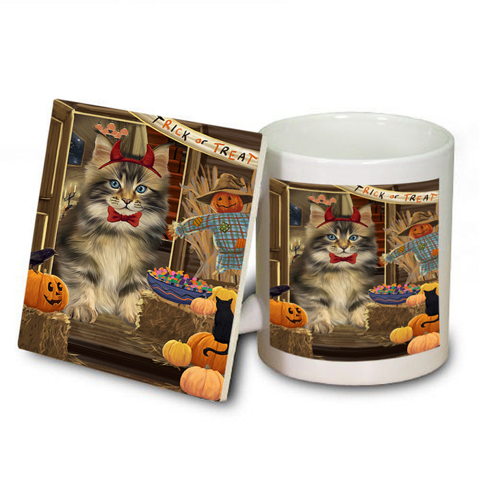 Enter at Own Risk Trick or Treat Halloween Maine Coon Cat Mug and Coaster Set MUC53179