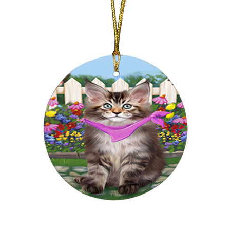 Spring Floral Maine Coon Cat Round Flat Christmas Ornament RFPOR52261