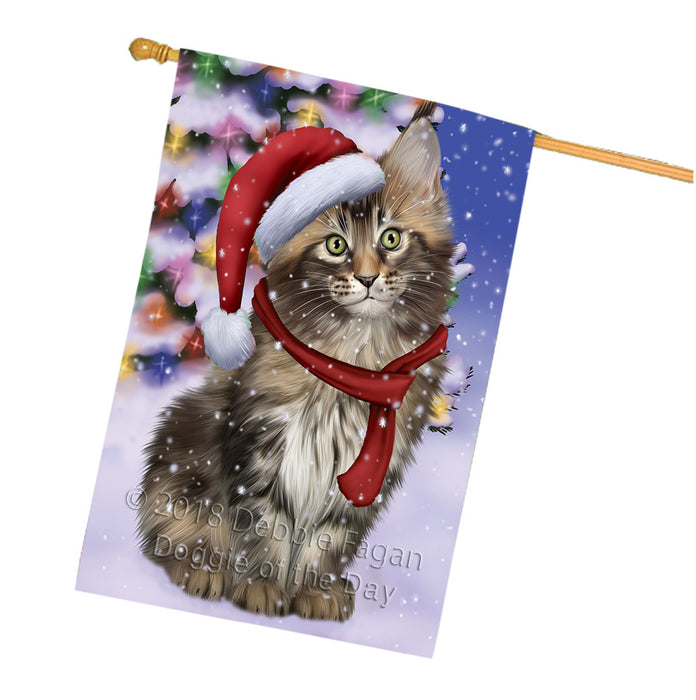 Winterland Wonderland Maine Coon Cat In Christmas Holiday Scenic Background House Flag FLG53967