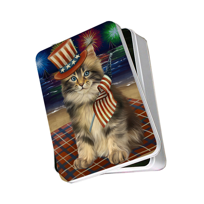 4th of July Independence Day Firework Maine Coon Cat Photo Storage Tin PITN52449
