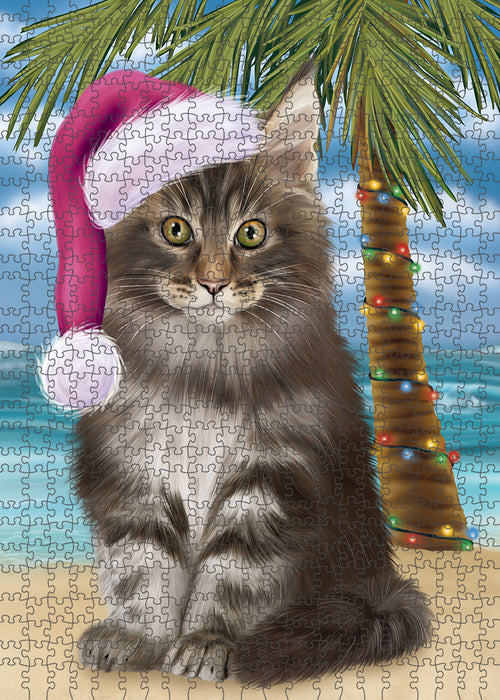 Summertime Happy Holidays Christmas Maine Coon Cat on Tropical Island Beach Puzzle with Photo Tin PUZL85440