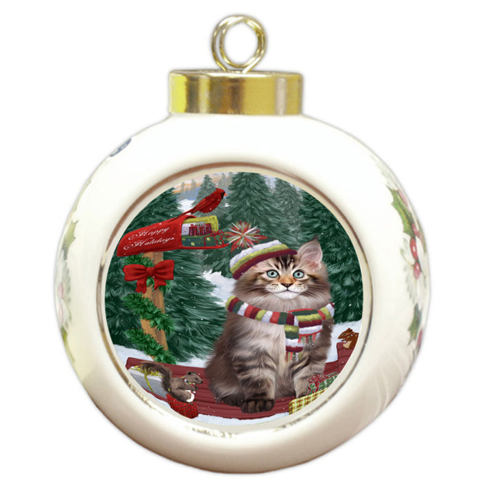 Merry Christmas Woodland Sled Maine Coon Cat Round Ball Christmas Ornament RBPOR55327