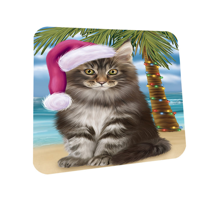 Summertime Happy Holidays Christmas Maine Coon Cat on Tropical Island Beach Coasters Set of 4 CST54401