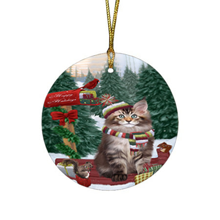 Merry Christmas Woodland Sled Maine Coon Cat Round Flat Christmas Ornament RFPOR55327