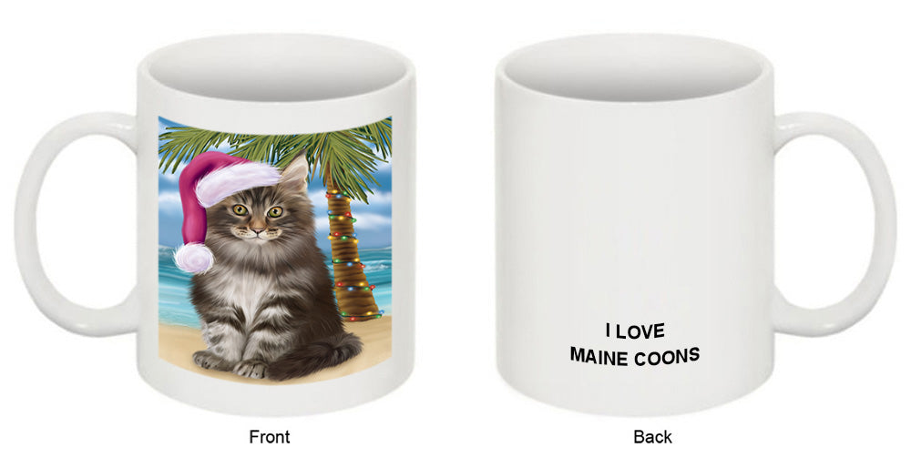 Summertime Happy Holidays Christmas Maine Coon Cat on Tropical Island Beach Coffee Mug MUG49841