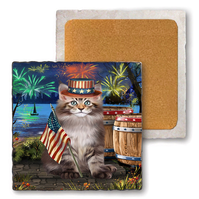 4th of July Independence Day Firework Maine Coon Cat Set of 4 Natural Stone Marble Tile Coasters MCST49056