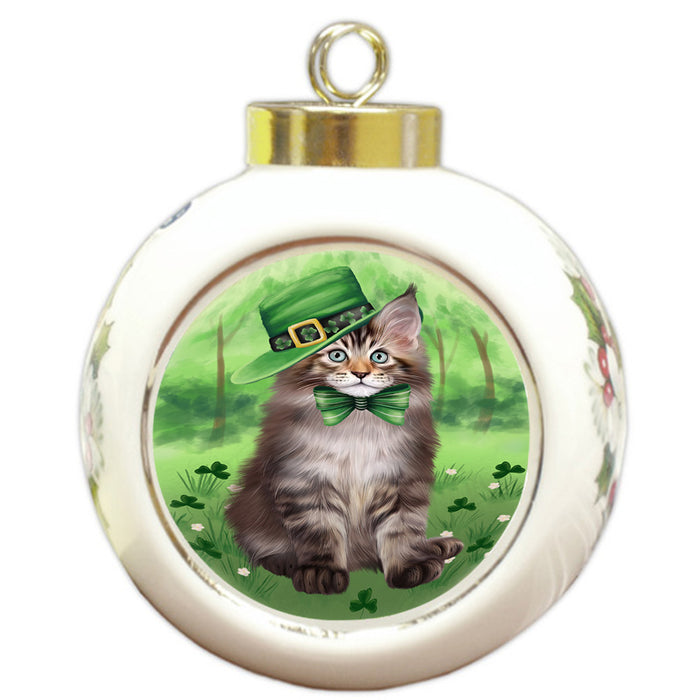 St. Patricks Day Irish Portrait Maine Coon Cat Round Ball Christmas Ornament RBPOR58151