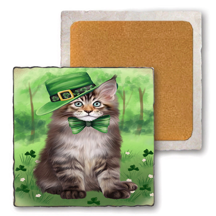 St. Patricks Day Irish Portrait Maine Coon Cat Set of 4 Natural Stone Marble Tile Coasters MCST52024