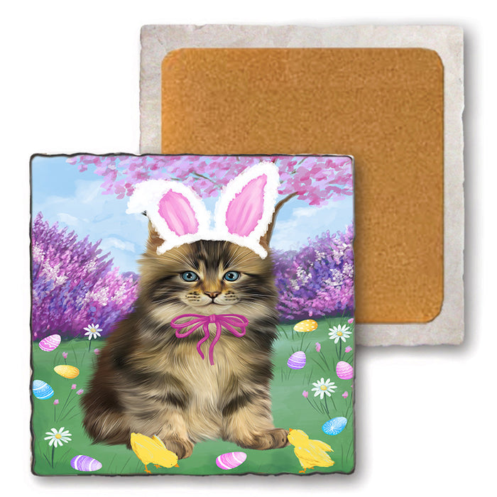 Easter Holiday Maine Coon Cat Set of 4 Natural Stone Marble Tile Coasters MCST51920