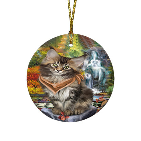Scenic Waterfall Maine Coon Cat Round Flat Christmas Ornament RFPOR51909