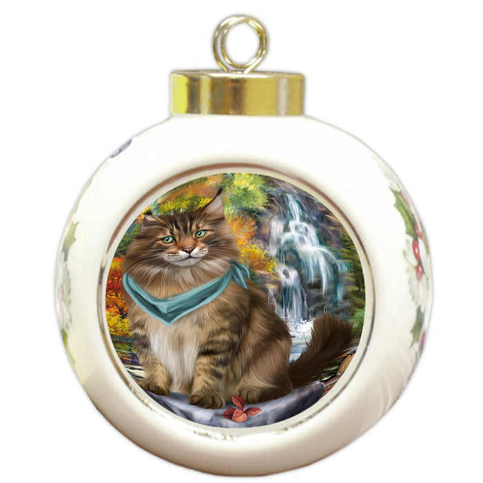 Scenic Waterfall Maine Coon Cat Round Ball Christmas Ornament RBPOR51919