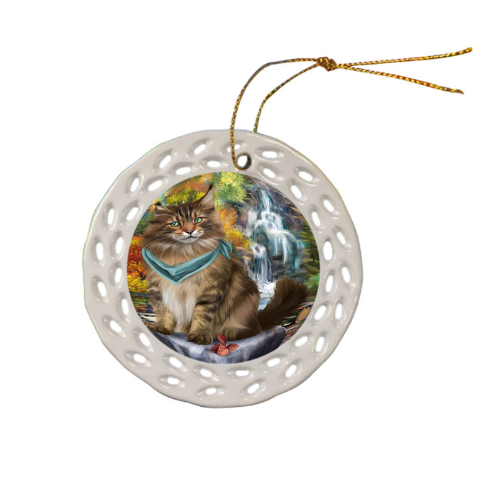 Scenic Waterfall Maine Coon Cat Ceramic Doily Ornament DPOR51919