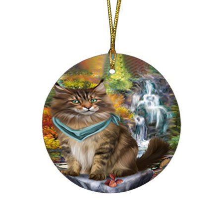 Scenic Waterfall Maine Coon Cat Round Flat Christmas Ornament RFPOR51910