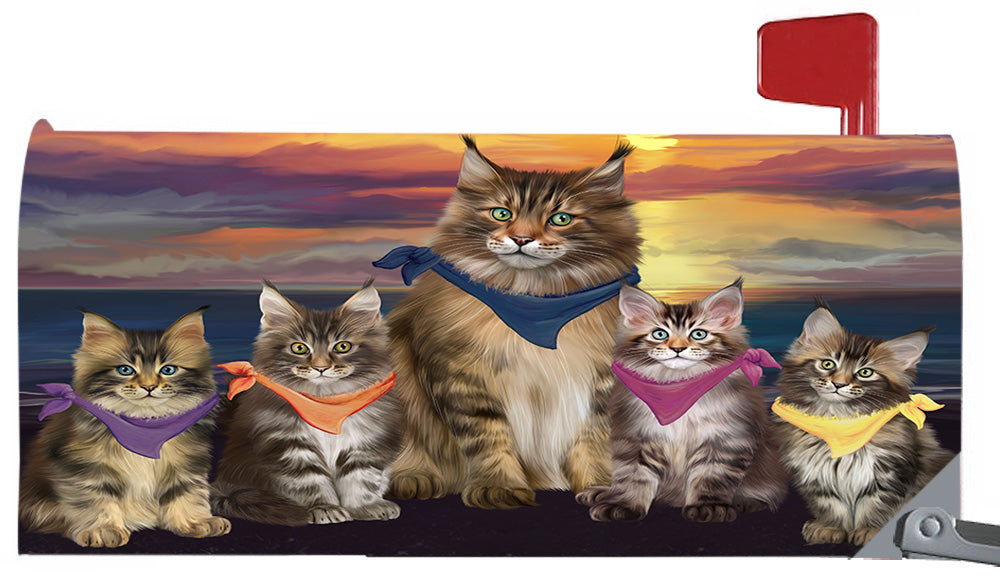 Family Sunset Portrait Maine Coon Cats Magnetic Mailbox Cover MBC48485
