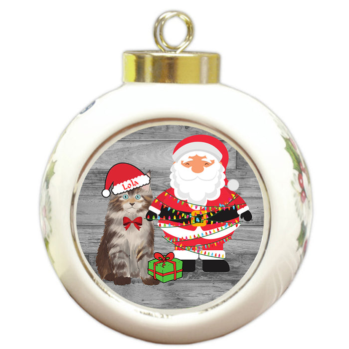 Custom Personalized Maine Coon Cat With Santa Wrapped in Light Christmas Round Ball Ornament