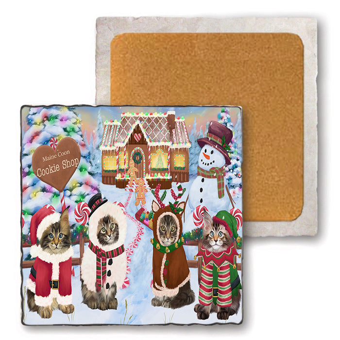 Holiday Gingerbread Cookie Shop Maine Coons Set of 4 Natural Stone Marble Tile Coasters MCST51502