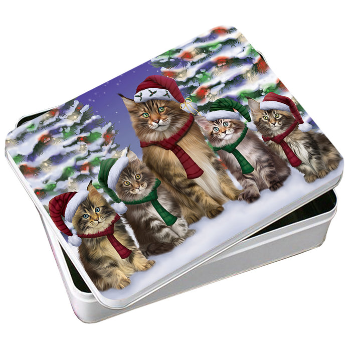 Maine Coons Cat Christmas Family Portrait in Holiday Scenic Background Photo Storage Tin PITN52717