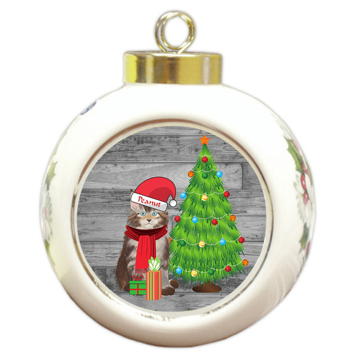 Custom Personalized Maine Coon Cat With Tree and Presents Christmas Round Ball Ornament