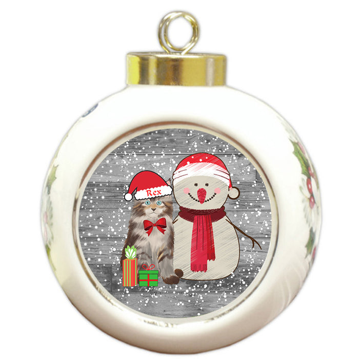 Custom Personalized Snowy Snowman and Maine Coon Cat Christmas Round Ball Ornament