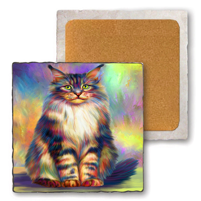 Paradise Wave Maine Coon Cat Set of 4 Natural Stone Marble Tile Coasters MCST51073