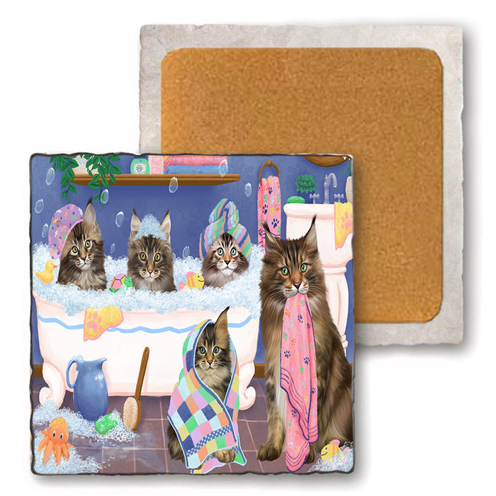 Rub A Dub Dogs In A Tub Maine Coons Cat Set of 4 Natural Stone Marble Tile Coasters MCST51801