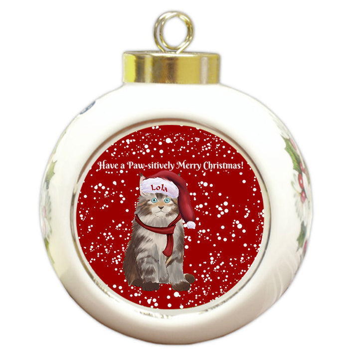 Custom Personalized Pawsitively Maine Coon Cat Merry Christmas Round Ball Ornament