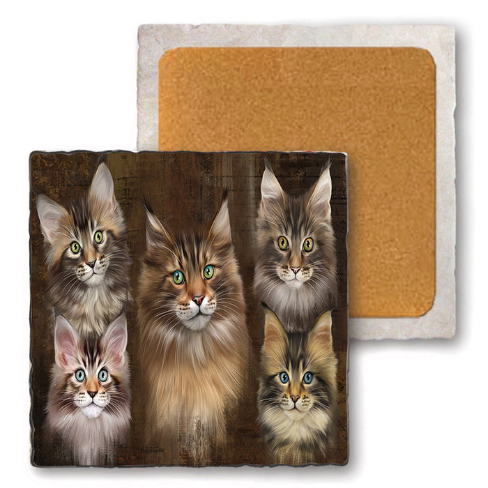 Rustic 5 Maine Coon Cat Set of 4 Natural Stone Marble Tile Coasters MCST49139