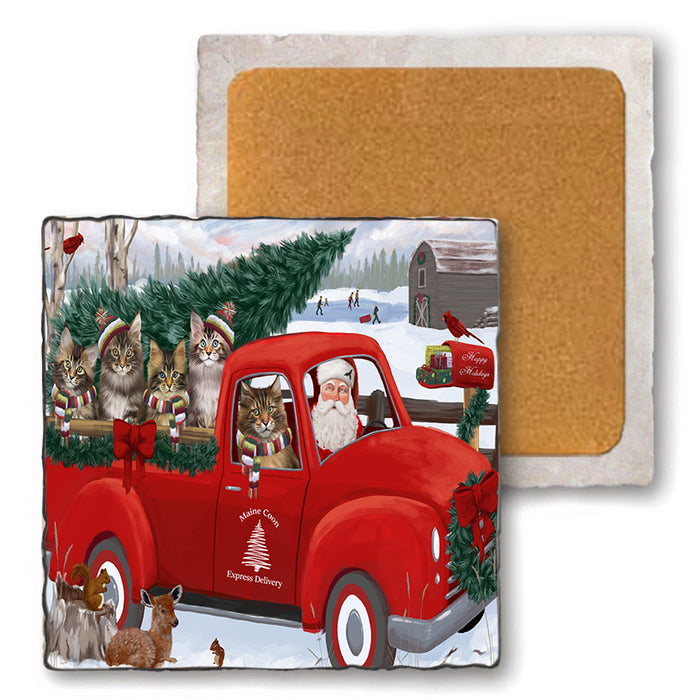 Christmas Santa Express Delivery Maine Coon Cats Family Set of 4 Natural Stone Marble Tile Coasters MCST50048