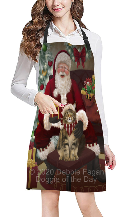 Santa's Christmas Surprise Maine Coon Cat Apron - Adjustable Long Neck Bib for Adults - Waterproof Polyester Fabric With 2 Pockets - Chef Apron for Cooking, Dish Washing, Gardening, and Pet Grooming