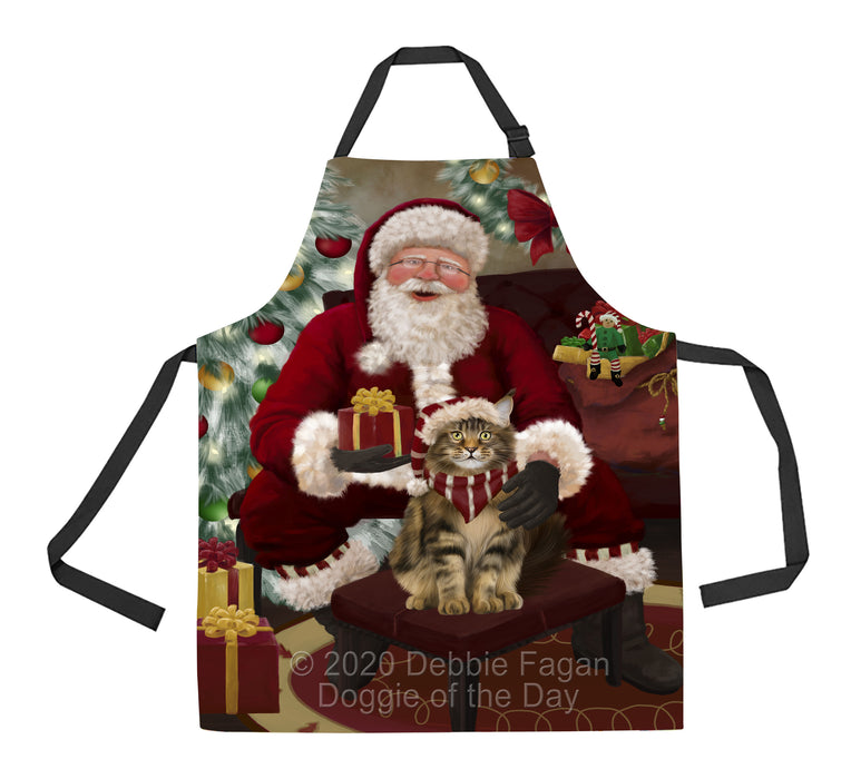 Santa's Christmas Surprise Maine Coon Cat Apron - Adjustable Long Neck Bib for Adults - Waterproof Polyester Fabric With 2 Pockets - Chef Apron for Cooking, Dish Washing, Gardening, and Pet Grooming