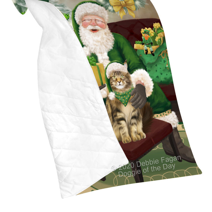 Christmas Irish Santa with Gift and Maine Coon Cat Quilt Bed Coverlet Bedspread - Pets Comforter Unique One-side Animal Printing - Soft Lightweight Durable Washable Polyester Quilt