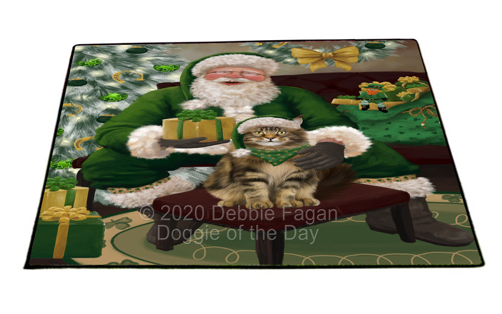 Christmas Irish Santa with Gift and Maine Coon Cat Indoor/Outdoor Welcome Floormat - Premium Quality Washable Anti-Slip Doormat Rug FLMS57196
