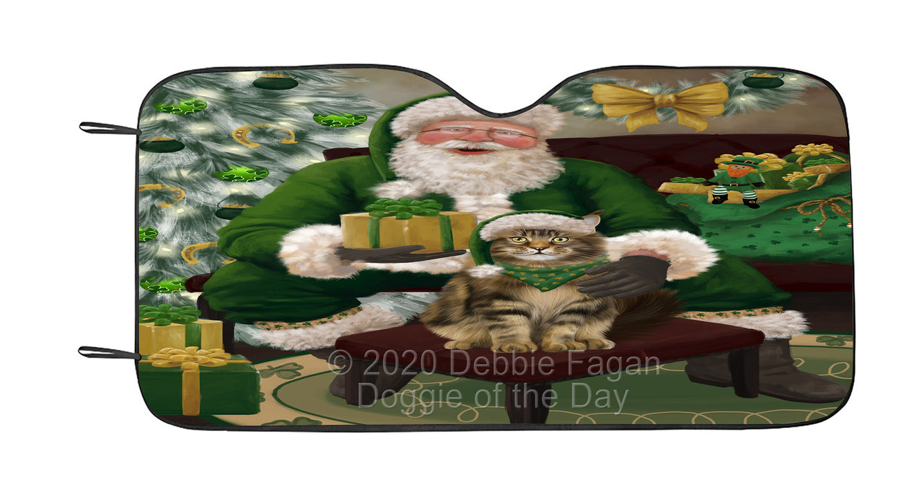 Christmas Irish Santa with Gift and Maine Coon Cat Car Sun Shade Cover Curtain