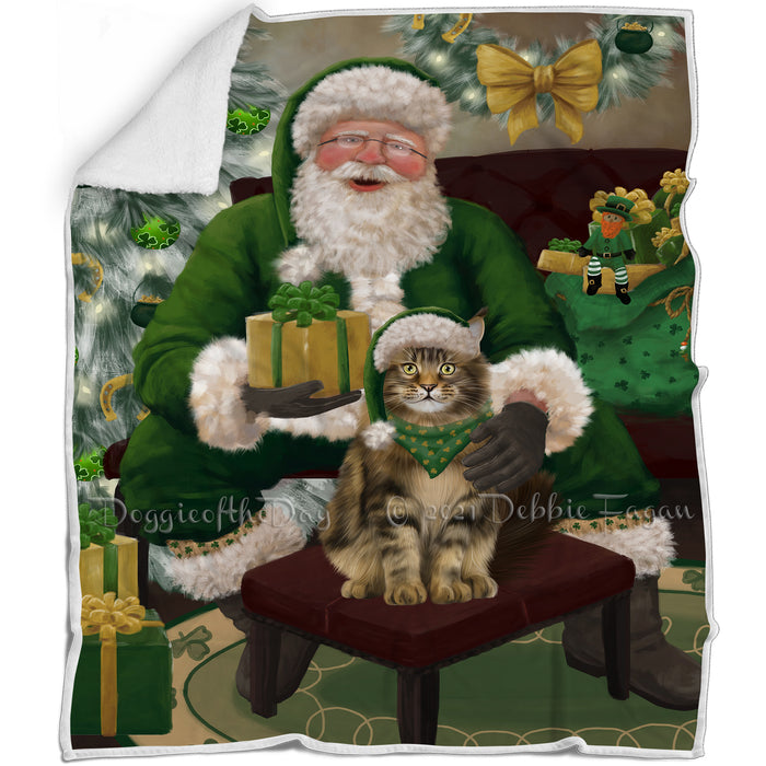 Christmas Irish Santa with Gift and Maine Coon Cat Blanket BLNKT141413
