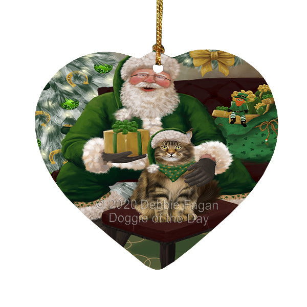 Christmas Irish Santa with Gift and Maine Coon Cat Heart Christmas Ornament RFPOR58283