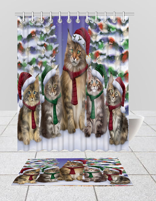 Maine Coon Cats Christmas Family Portrait in Holiday Scenic Background  Bath Mat and Shower Curtain Combo