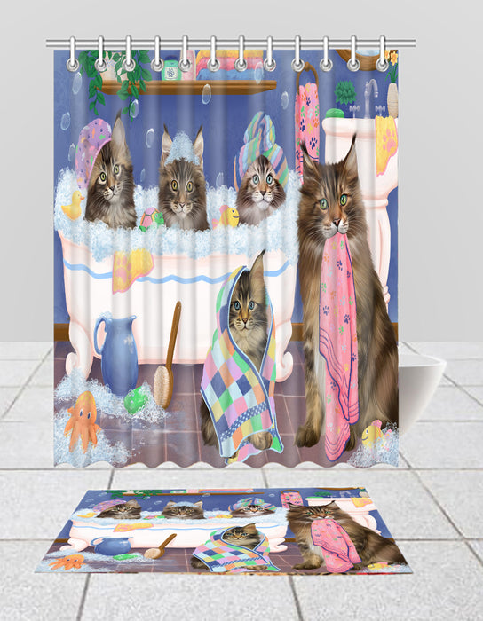 Rub A Dub Dogs In A Tub Maine Coon Cats Bath Mat and Shower Curtain Combo