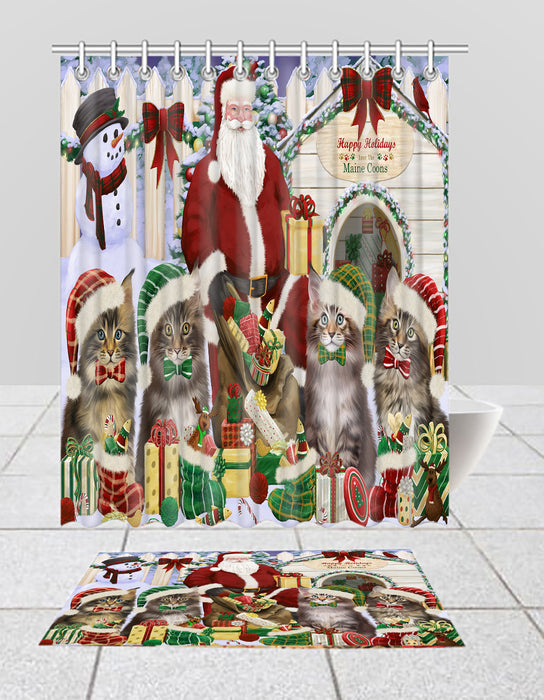 Happy Holidays Christmas Maine Coon Cats House Gathering Bath Mat and Shower Curtain Combo