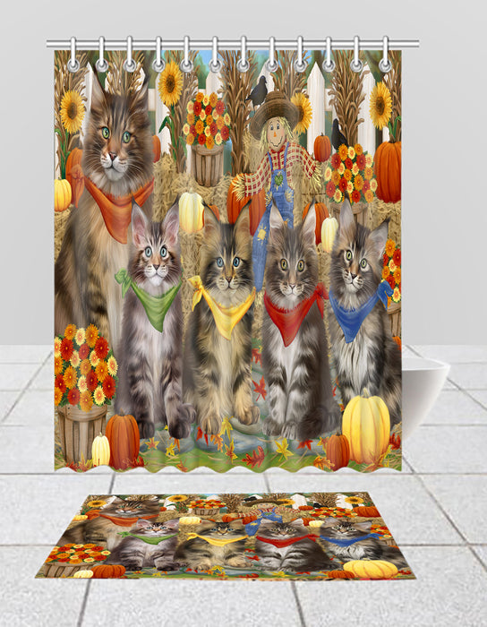 Fall Festive Harvest Time Gathering Maine Coon Cats Bath Mat and Shower Curtain Combo