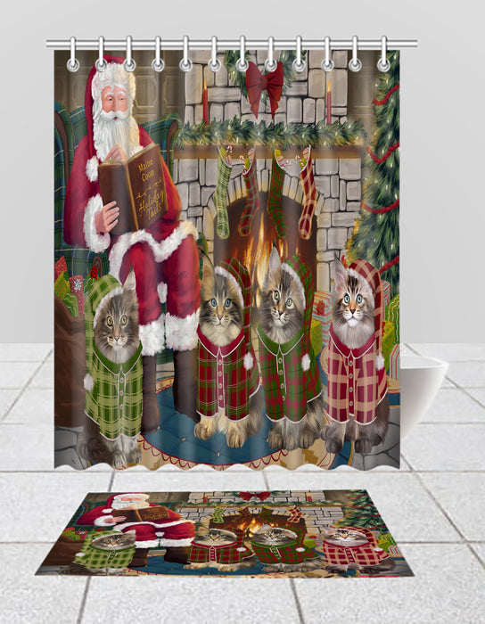 Christmas Cozy Holiday Fire Tails Maine Coon Cats Bath Mat and Shower Curtain Combo