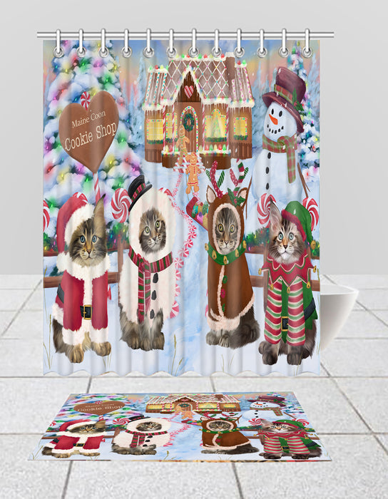 Holiday Gingerbread Cookie Maine Coon Cats  Bath Mat and Shower Curtain Combo