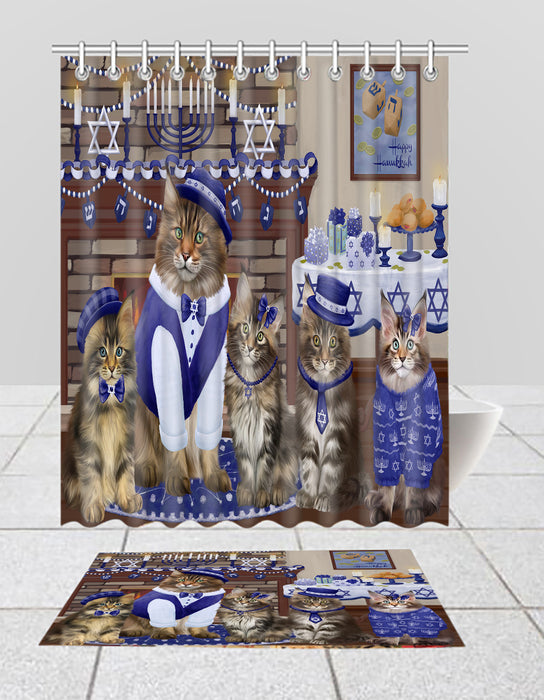 Happy Hanukkah Family Maine Coon Cats Bath Mat and Shower Curtain Combo