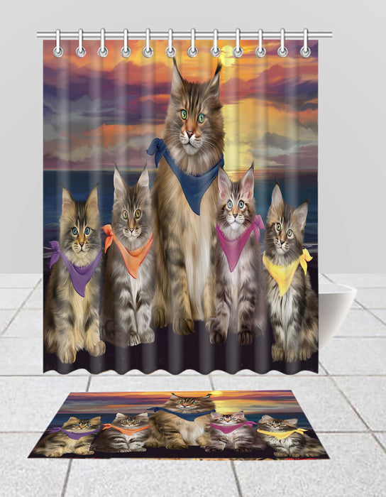 Family Sunset Portrait Maine Coon Cats Bath Mat and Shower Curtain Combo