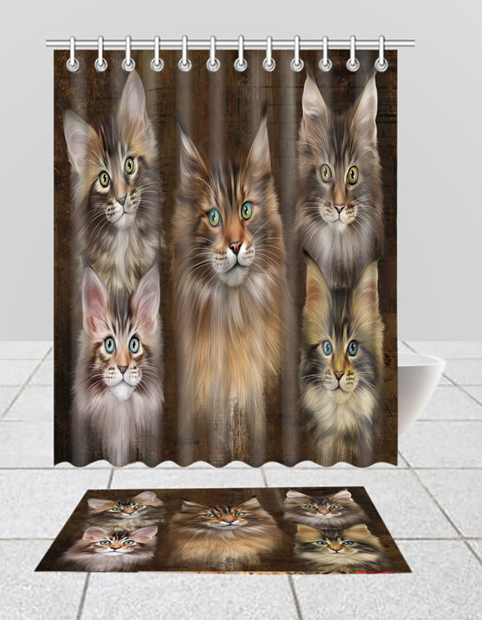 Rustic Maine Coon Cats Bath Mat and Shower Curtain Combo