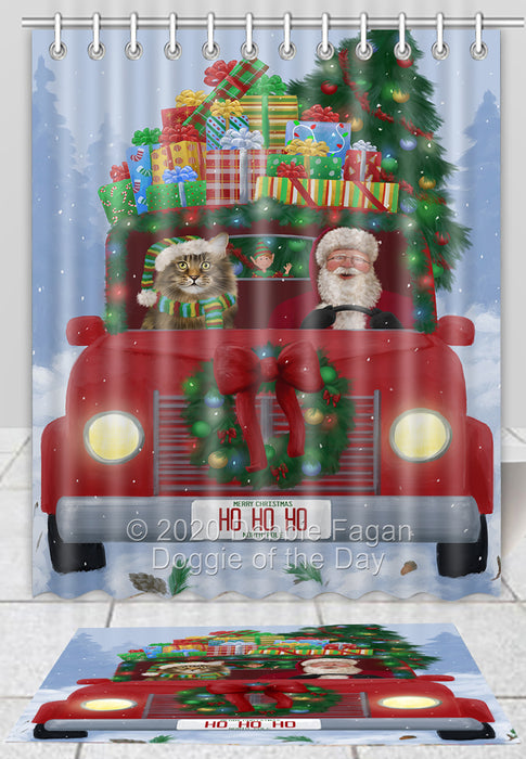 Christmas Honk Honk Red Truck Here Comes with Santa and Maine Coon Cat Bath Mat and Shower Curtain Combo