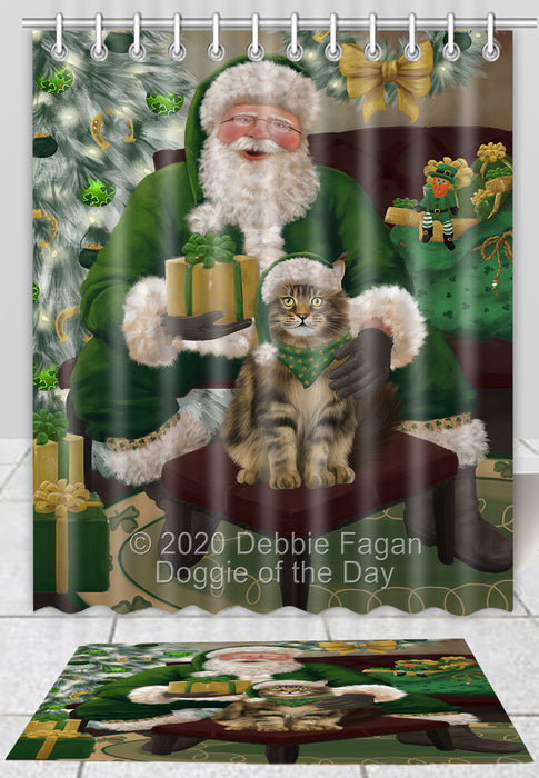 Christmas Irish Santa with Gift Maine Coon Cat Bath Mat and Shower Curtain Combo