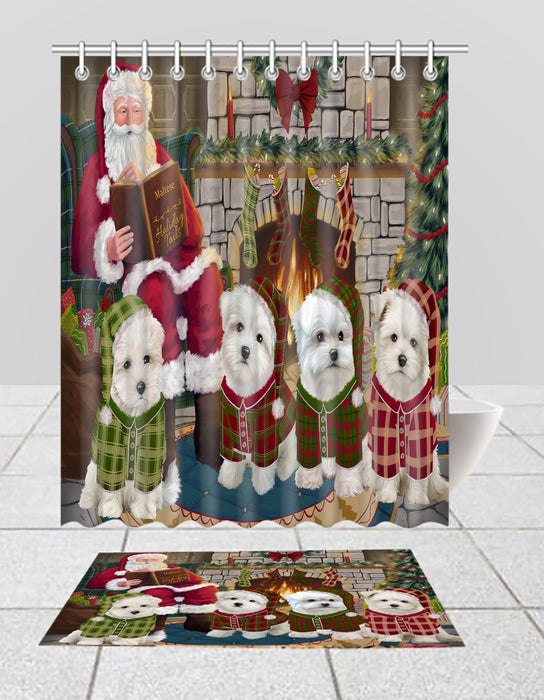 Christmas Cozy Holiday Fire Tails Maltese Dogs Bath Mat and Shower Curtain Combo