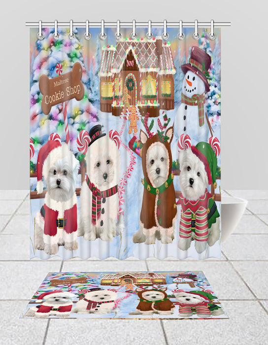 Holiday Gingerbread Cookie Maltese Dogs  Bath Mat and Shower Curtain Combo