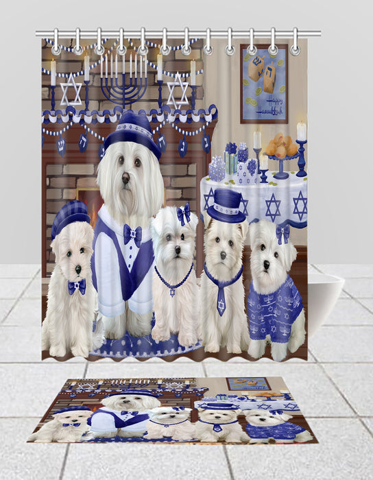 Happy Hanukkah Family Maltese Dogs Bath Mat and Shower Curtain Combo