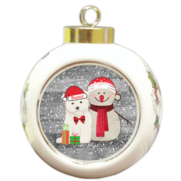 Custom Personalized Snowy Snowman and Maltese Dog Christmas Round Ball Ornament